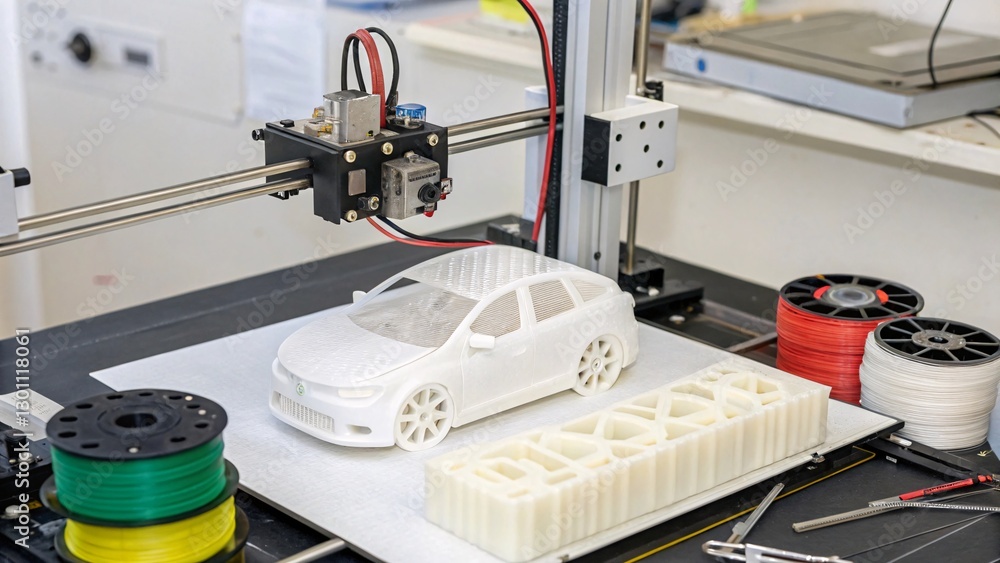 3D Printer Creating Detailed Car Model with Colorful Filaments 3D Printer Creating Detailed Car Model with Colorful Filaments