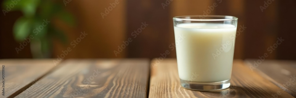 Glass of milk placed on a wooden table surface, warm, milk Glass of milk placed on a wooden table surface, warm, milk