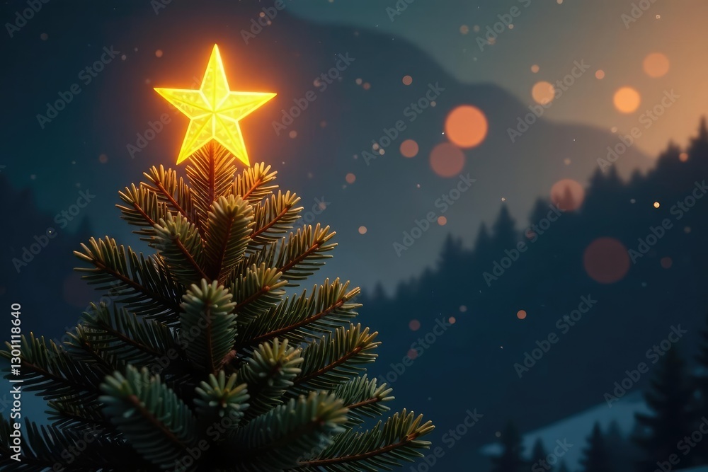 Golden star shining bright on top of fir tree, glow, sparkle Golden star shining bright on top of fir tree, glow, sparkle