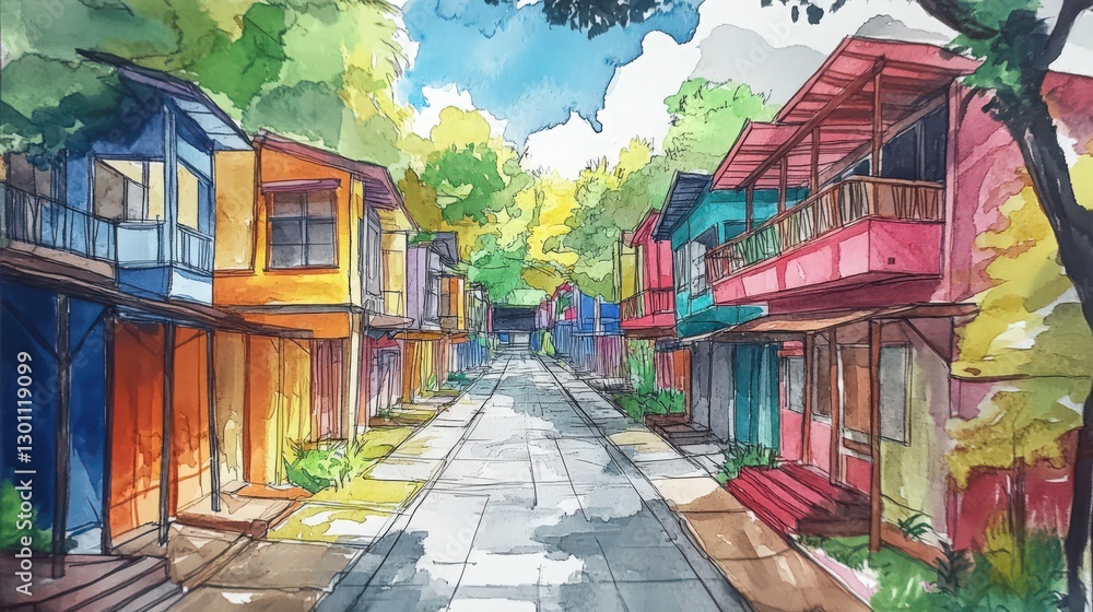 Fototapeta premium Watercolor painting capturing a vibrant urban neighborhood street view
