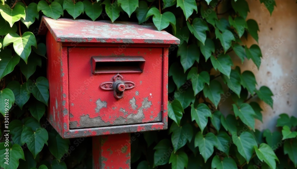 Sun-bleached red mailbox, overgrown ivy, cracked paint, photography, vintage, design Sun-bleached red mailbox, overgrown ivy, cracked paint, photography, vintage, design