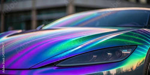 An iridescent surface displaying dynamic, flowing colors in an abstract futuristic design, with shifting hues of purple, blue, and green creating a mesmerizing effect