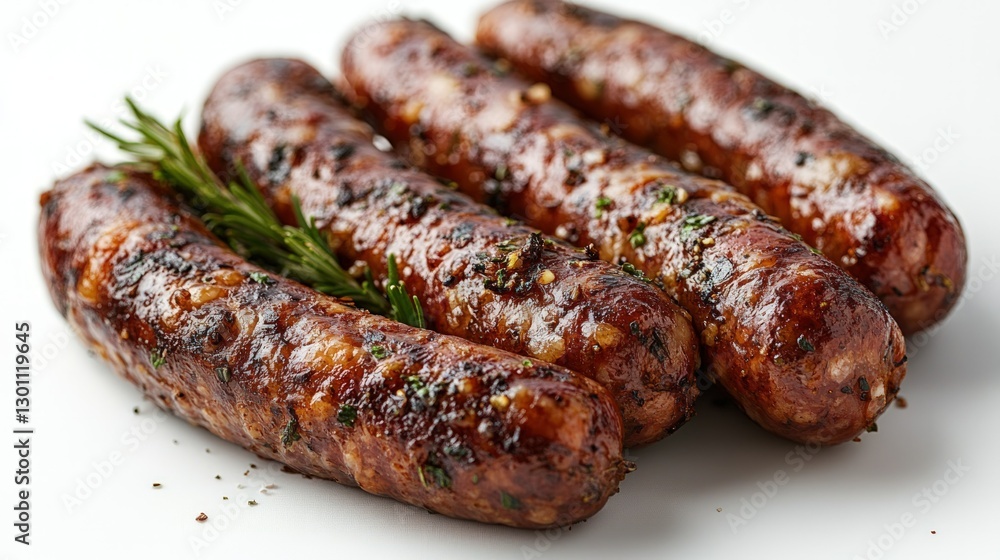 Four grilled sausages with rosemary sprig on white background. Four grilled sausages with rosemary sprig on white background.