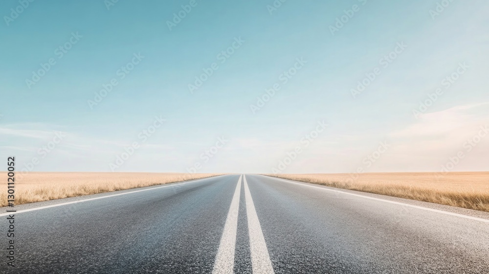 Fototapeta premium open road stretching under clear blue sky bordered by vast fields perfect for conveying freedom and exploration with