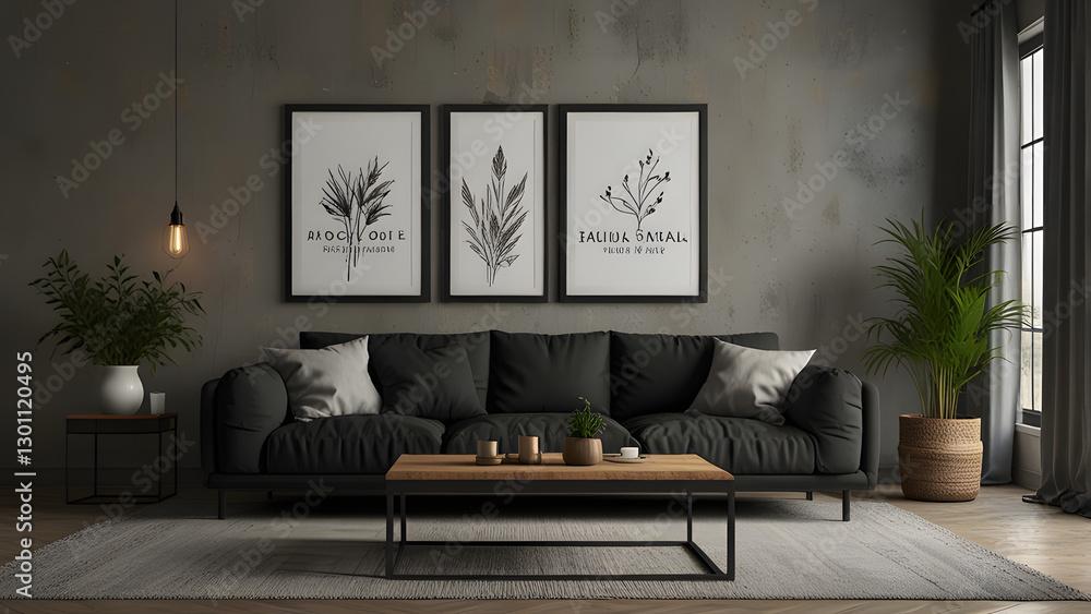 Black frame mockup in boho living room interior background with gray sofa. Black frame mockup in boho living room interior background with gray sofa.