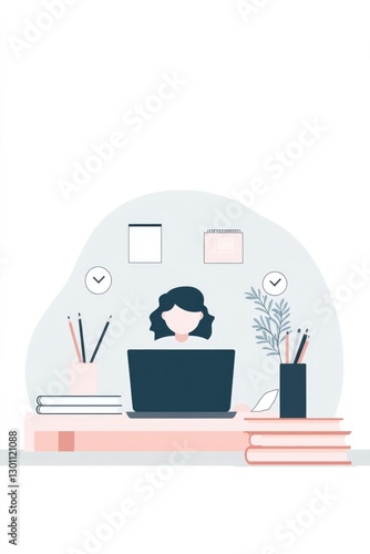 Wallpaper Mural illustrate flat design scene of student at desk with laptop surrounded by books writing utensils and educational icons Torontodigital.ca