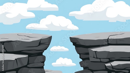 Two rock cliffs with fluffy clouds on a blue sky background