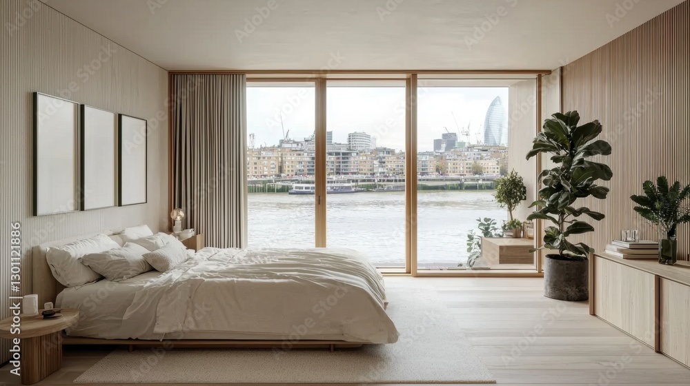 Modern bedroom with large windows overlooking the river and city skyline at dawn Modern bedroom with large windows overlooking the river and city skyline at dawn