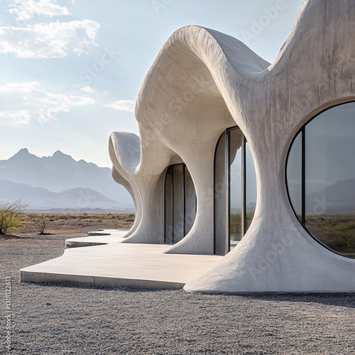 A monolithic retreat with curved concrete fins mimicking peacock feathers. Set on a windswept plain, its textured surfaces and shadows create a striking minimalist form.
