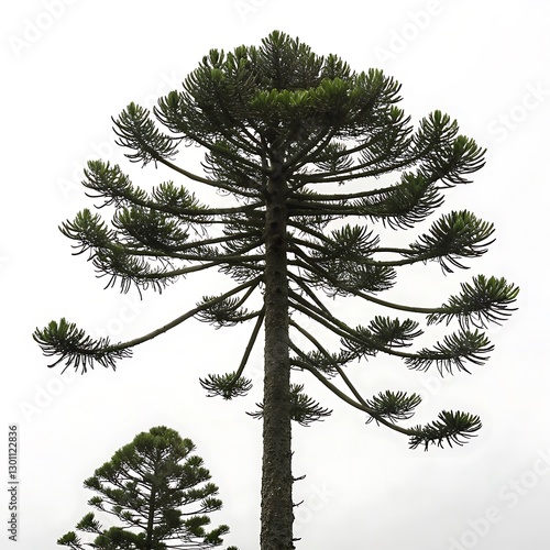 Monkey puzzle tree with unique angular branches and spiky green foliage, standing tall with a clear white background, showcasing its striking form photo