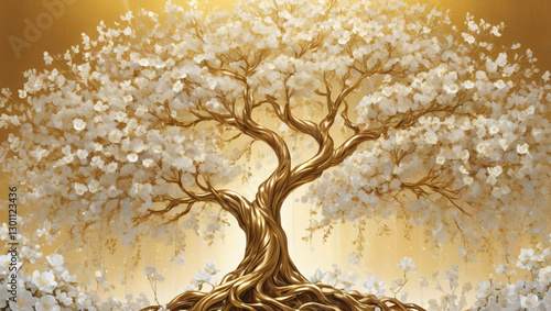 Golden Tree of Life with White Blossoms on Gradient Background. Generative AI