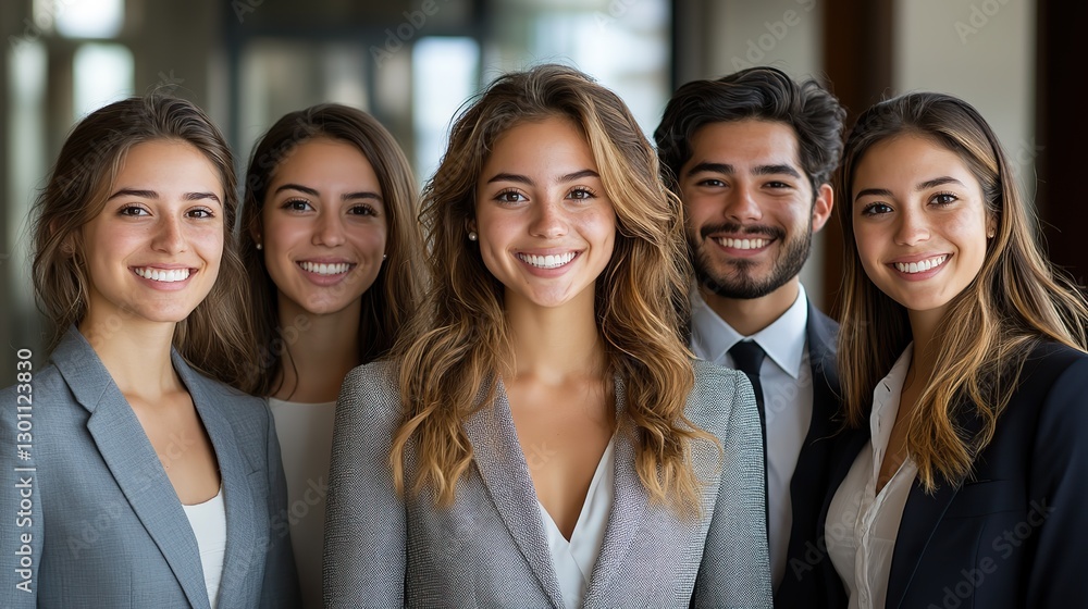 Young professionals in formal wear emanate confidence and camaraderie in an office setting, symbolizing a dream team in action. Young professionals in formal wear emanate confidence and camaraderie in an office setting, symbolizing a dream team in action.