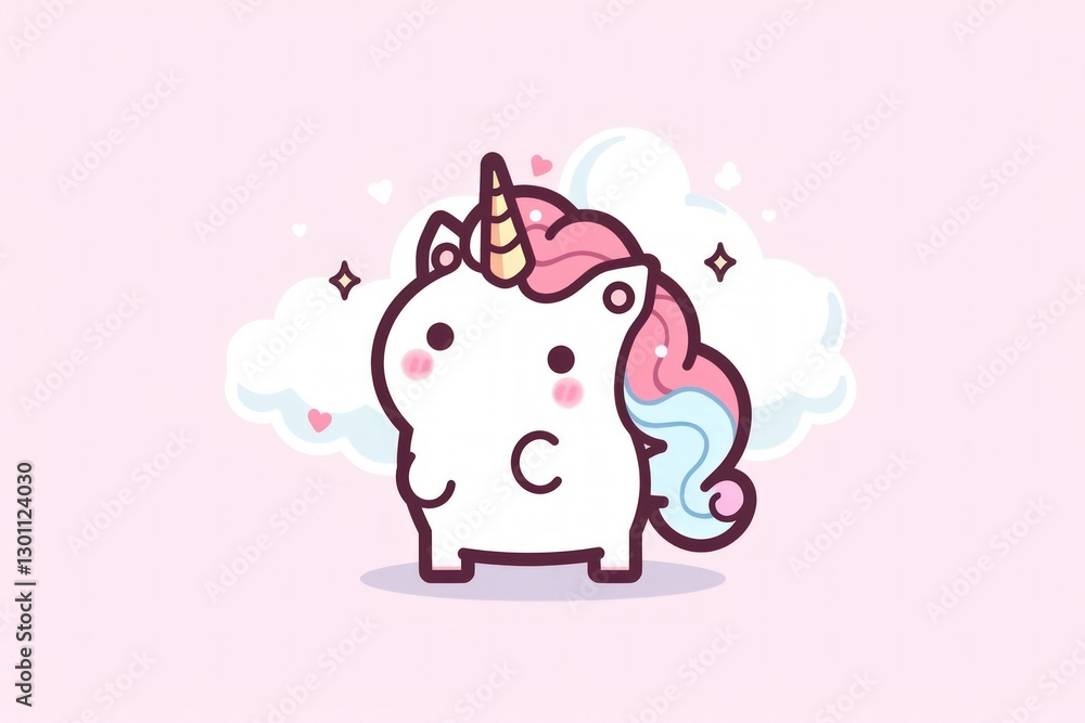 A cute cartoon unicorn with pink and blue hair and a golden horn standing in front of a cloud on a pink background. A cute cartoon unicorn with pink and blue hair and a golden horn standing in front of a cloud on a pink background.
