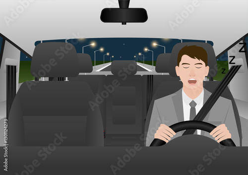Sleepy Man. Man Sleepy While Driving. Driver Falling Asleep While Driving. Vector Illustration. 