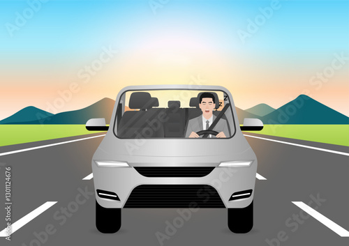 Sleepy Man. Man Sleepy While Driving. Driver Falling Asleep While Driving. Vector Illustration. 