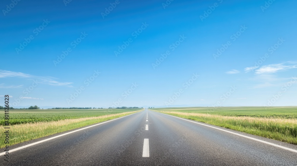 open road stretching under clear blue sky bordered by vast fields perfect for conveying freedom and exploration with open road stretching under clear blue sky bordered by vast fields perfect for conveying freedom and exploration with