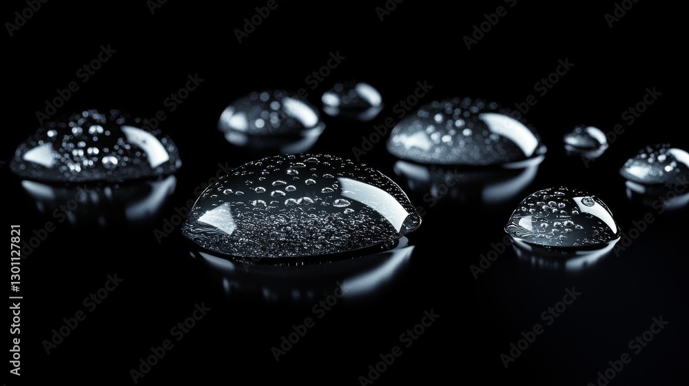 Elegant Raindrops: Close-Up of Water Droplets on a Dark Surface Elegant Raindrops: Close-Up of Water Droplets on a Dark Surface