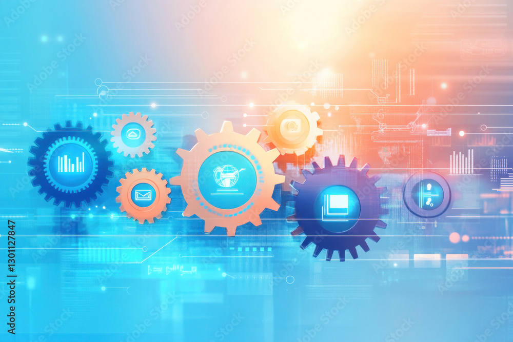 Fototapeta premium Gears rotating and connecting, driving global communication and business processes
