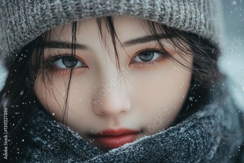 Close-up portrait of a young woman's face, partially obscured by a gray knit hat and a dark gray scarf. Snow is visible on her face and clothing. Her expression is serious and direct photo