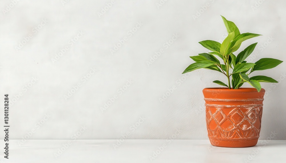 Fototapeta premium Small Green Plant in Terracotta Pot Against Gray Wall