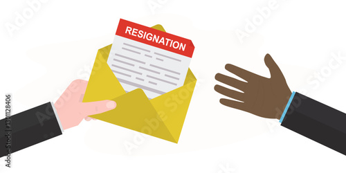 Employee hand give envelope with resignation letter to the boss hand. Letter of resignation paper document, Resignation of the government or workers, business concept.