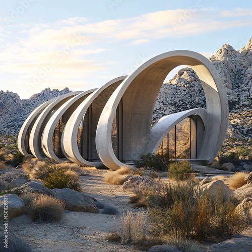 A futuristic sculpture of layered matte concrete arcs mimicking peacock feathers, with metal-trimmed openings and a panoramic glass core, set in a sunlit rocky landscape.
