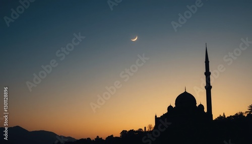 A serene twilight scene with a mosque silhouette in the corner, a glowing crescent moon above, and a gradient sky providing ample space. sunset over the mosque