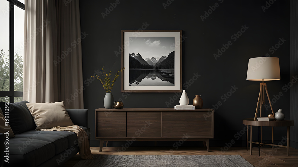 Mockup frame on cabinet in living room interior on empty dark wall background Mockup frame on cabinet in living room interior on empty dark wall background