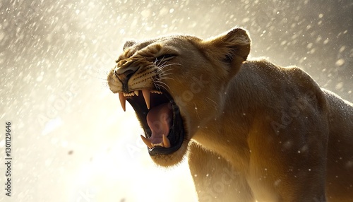 Lioness roaring outdoors in the savannah at sunrise