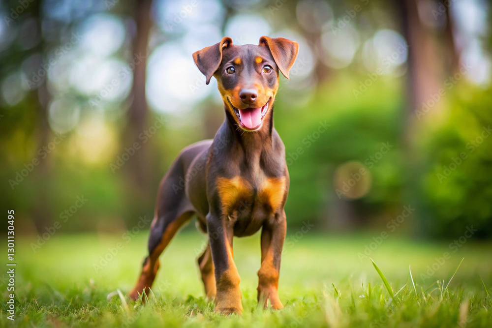 Playful Doberman Puppy: An adorable Doberman Pinscher puppy stands proudly in a vibrant green grass, showcasing its captivating brown and tan coat and cheerful expression. Playful Doberman Puppy: An adorable Doberman Pinscher puppy stands proudly in a vibrant green grass, showcasing its captivating brown and tan coat and cheerful expression.