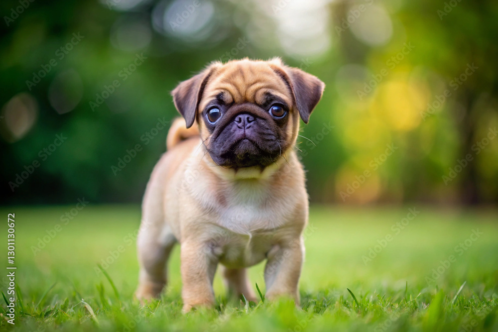 Pug Puppy Posing: A charming pug puppy with endearingly wrinkled face and big, brown eyes stands in a lush green meadow, basking in the warm sunshine, a delightful portrait of canine cuteness. Pug Puppy Posing: A charming pug puppy with endearingly wrinkled face and big, brown eyes stands in a lush green meadow, basking in the warm sunshine, a delightful portrait of canine cuteness.