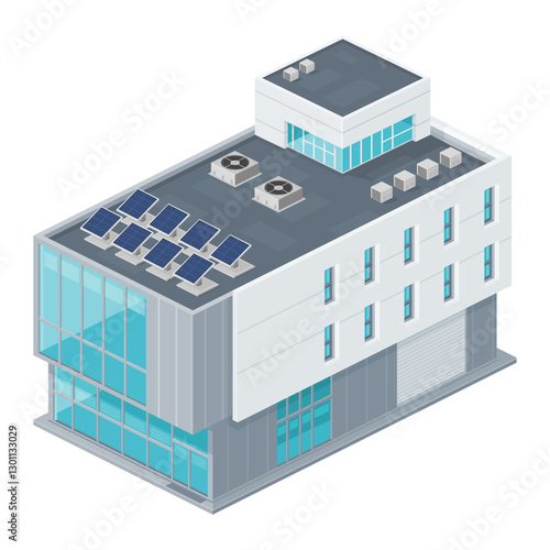 Isometric vector illustration of a modern solar powered building icon using green renewable clean alternative energy power source