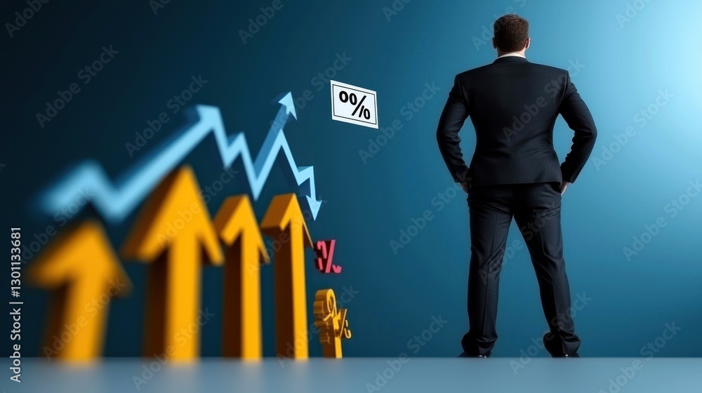 Fototapeta premium Businessman Contemplating Growth Chart; Office Setting; Success Background; Visual for Motivational, Success, and Finance