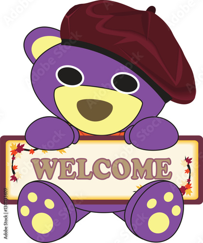 Welcome board sign room, cute bear wear beret hold welcome hanging door board