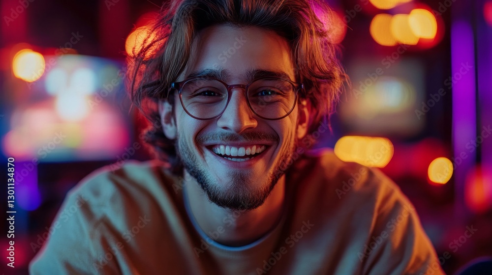 A young man with glasses radiates happiness while immersed in a gaming session. Bright lights and colorful screens surround him, creating a lively atmosphere A young man with glasses radiates happiness while immersed in a gaming session. Bright lights and colorful screens surround him, creating a lively atmosphere