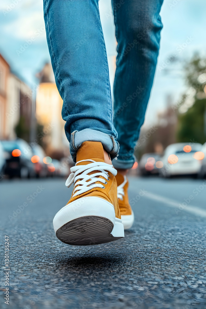 Person walks on the street wearing bright yellow sneakers while city buildings and traffic create a vibrant urban backdrop Person walks on the street wearing bright yellow sneakers while city buildings and traffic create a vibrant urban backdrop