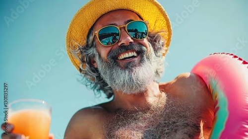 Obraz na płótnie Cheerful Man Enjoying Summer: Cocktail and Inflatable Ring w salonie
