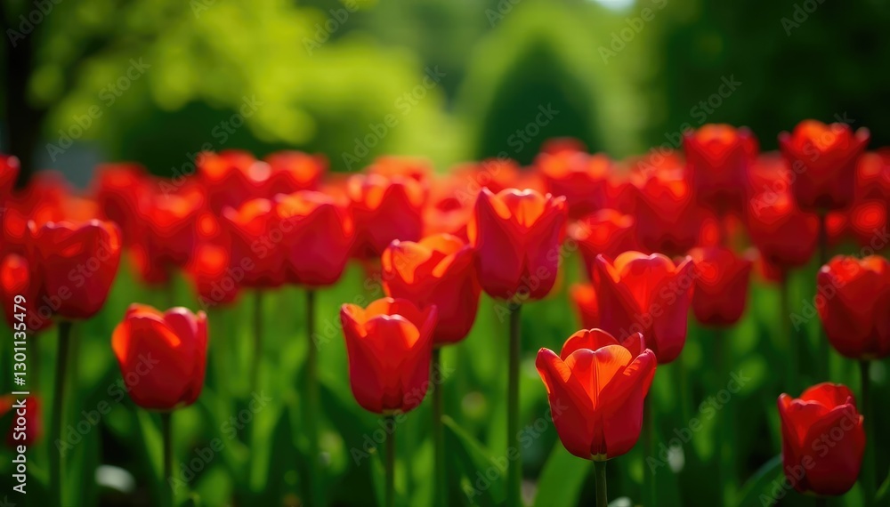 Lush greenery surrounds a field of red tulips, flower garden, natural Lush greenery surrounds a field of red tulips, flower garden, natural