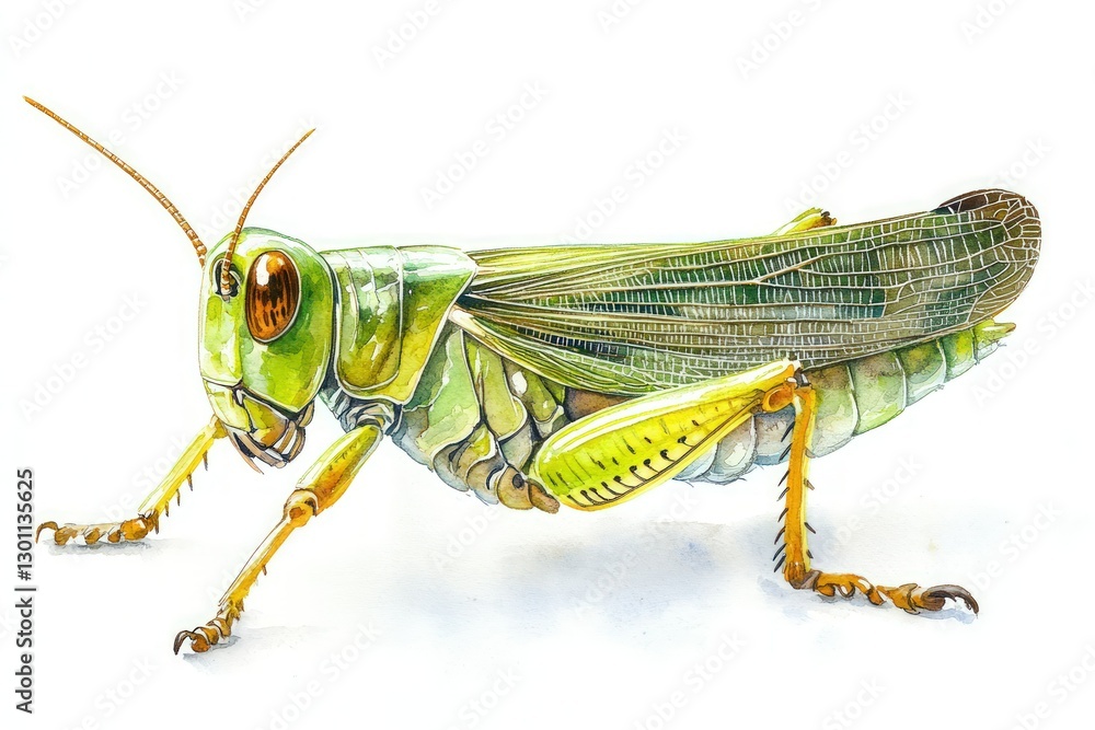 A detailed illustration of a green grasshopper with its wings folded, against a white background. A detailed illustration of a green grasshopper with its wings folded, against a white background.