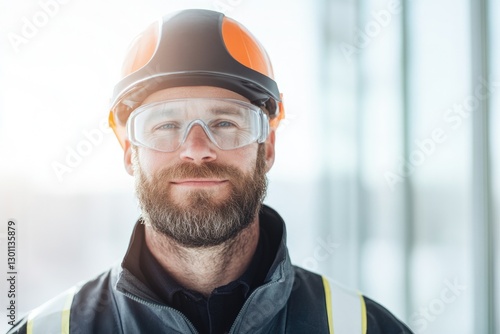 safety specialist wearing protective gear stands confidently with blurred background conveying professionalism and photo