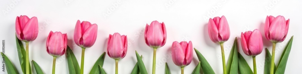 Pink tulips scattered on a white background with gentle stems, garden, stems, petals Pink tulips scattered on a white background with gentle stems, garden, stems, petals
