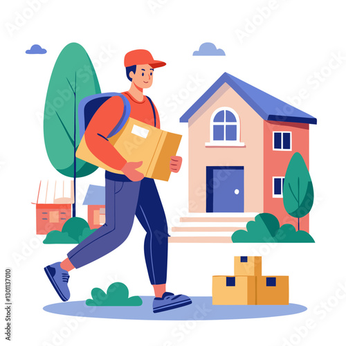 A courier walks toward a house, carrying a parcel and wearing a cap and backpack. Surrounding trees and boxes give a sense of a bustling neighborhood on a bright day
