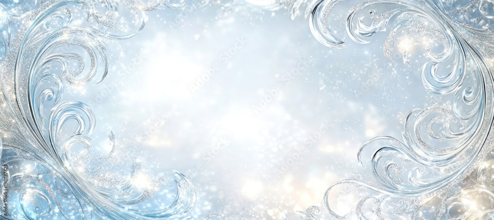 Fototapeta premium Elegant silver frost swirls framing sparkling winter background
