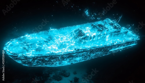 Illuminated boat underwater, ocean depths, mystery, exploring