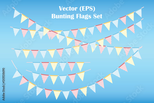 Bunting flags set, Pink, Blue and Yellow Striped triangle vector pennants hanging on the rope. Colorful flag garland for party and holiday decorations