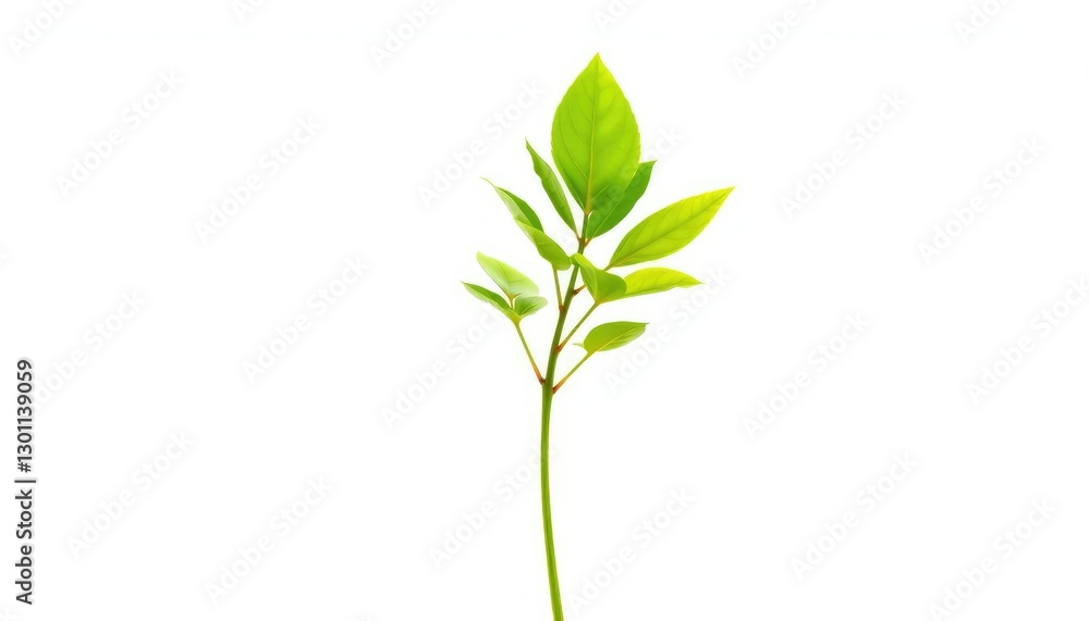 Obraz premium Single vibrant green plant, isolated on pure white background, flower, stem