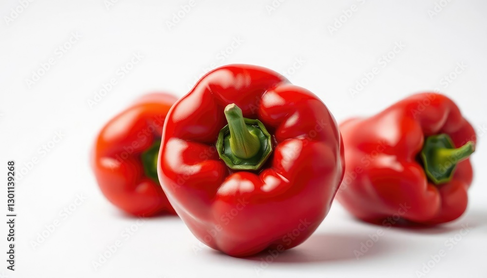 Single vibrant red bell pepper, glossy skin, isolated on pure white background, culinary, red Single vibrant red bell pepper, glossy skin, isolated on pure white background, culinary, red