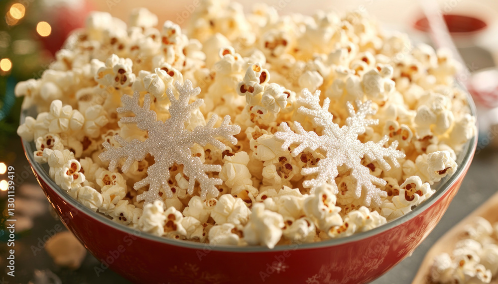 Bowl of popcorn decorated with glitter snowflakes for christmas party Bowl of popcorn decorated with glitter snowflakes for christmas party