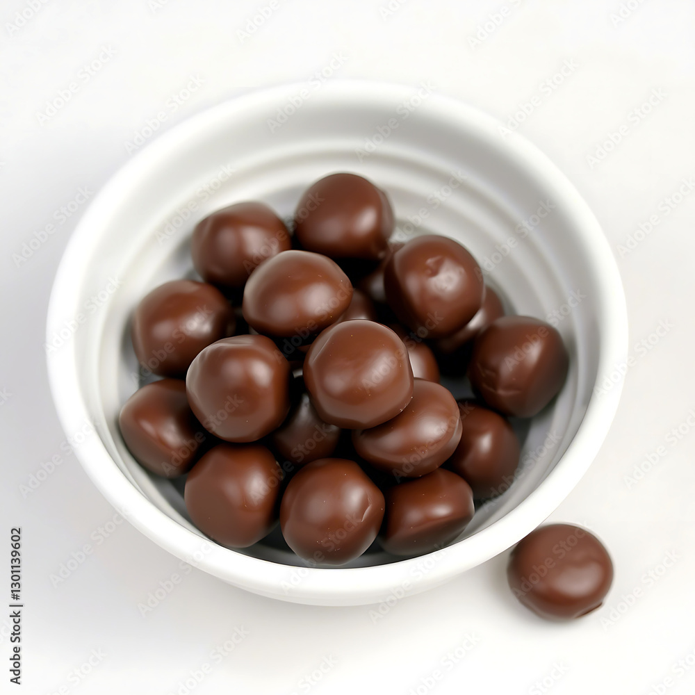 A bowl of delicious round chocolate-coated candies on a white background, offering a tempting and sweet snack for dessert or confectionery lovers A bowl of delicious round chocolate-coated candies on a white background, offering a tempting and sweet snack for dessert or confectionery lovers