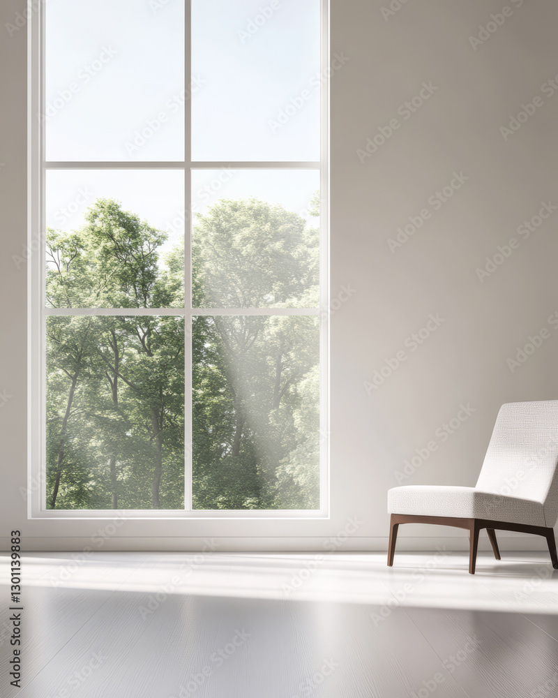 Sunlight streaming through a large window illuminating a minimalist room Sunlight streaming through a large window illuminating a minimalist room